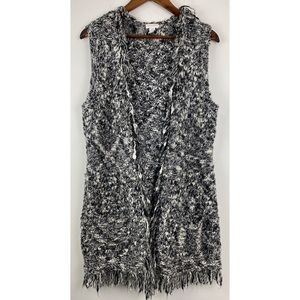 Chico’s Sz Small Black White Fringe Sleeveless Open Front Knit Sweater Cardigan